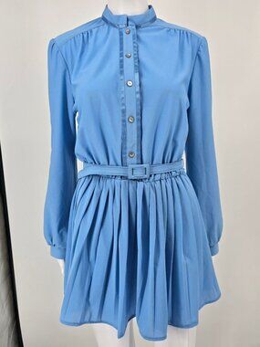 Vintage 1970s Jennifer Gee Cornflower Blue Belted Secretary Mini Dress (10/M)